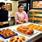 **A bustling Pakistani bakery:** Focus on a vibrant bakery scene in Pakistan. Show customers happily interacting with staff, sampling freshly baked goods. Highlight a display case filled with a variety of breads, cakes, and pastries, some adapted based on customer feedback. Include Urdu signage and local decorative elements.