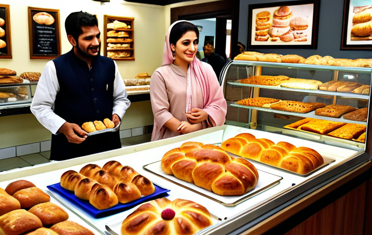 **A bustling Pakistani bakery:** Focus on a vibrant bakery scene in Pakistan. Show customers happily interacting with staff, sampling freshly baked goods. Highlight a display case filled with a variety of breads, cakes, and pastries, some adapted based on customer feedback. Include Urdu signage and local decorative elements.