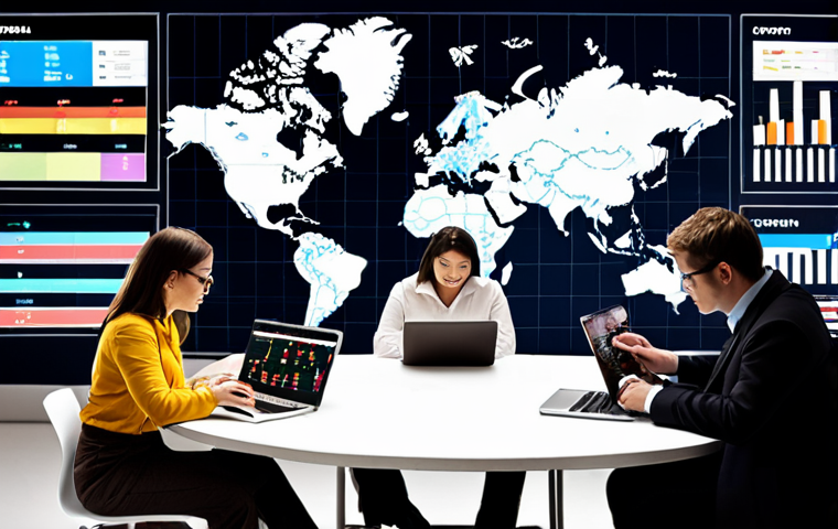 **
A diverse group of people from around the world looking at data visualizations (charts, graphs) on laptops and tablets. The data should represent consumer behavior patterns, with emphasis on cultural differences and preferences. In the background, show a world map with highlighted regions indicating market opportunities. The overall feel should be collaborative and analytical, showcasing global market research.
**