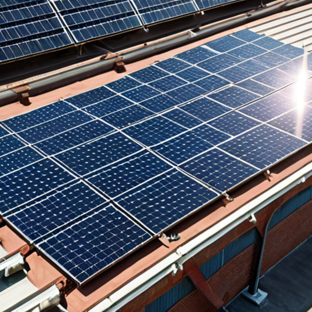 **Solar Panel Installation at a Textile Factory:** A wide shot of a local textile factory. The roof is covered with solar panels glinting in the sunlight. Focus on the contrast between traditional industry and sustainable energy.