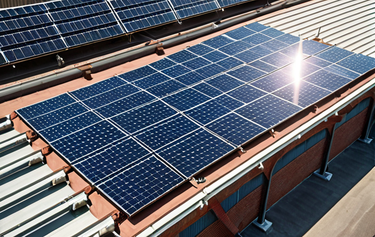 **Solar Panel Installation at a Textile Factory:** A wide shot of a local textile factory. The roof is covered with solar panels glinting in the sunlight. Focus on the contrast between traditional industry and sustainable energy.