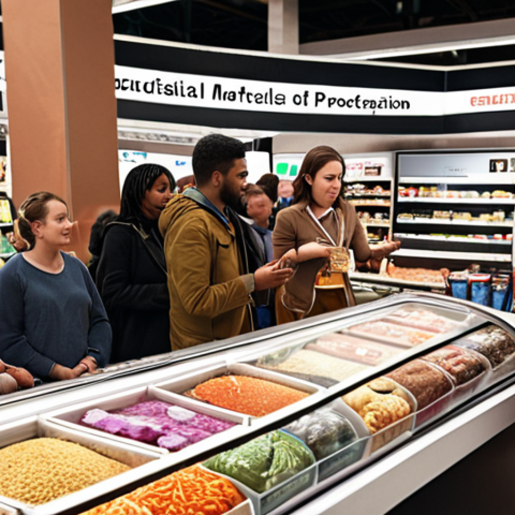 **Empowered Consumer:** A diverse group of people confidently making informed purchasing decisions at a bustling marketplace, surrounded by clear product information displays. Focus on expressions of knowledge and choice.