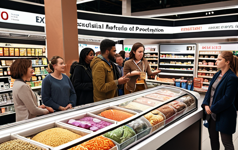 **Empowered Consumer:** A diverse group of people confidently making informed purchasing decisions at a bustling marketplace, surrounded by clear product information displays. Focus on expressions of knowledge and choice.