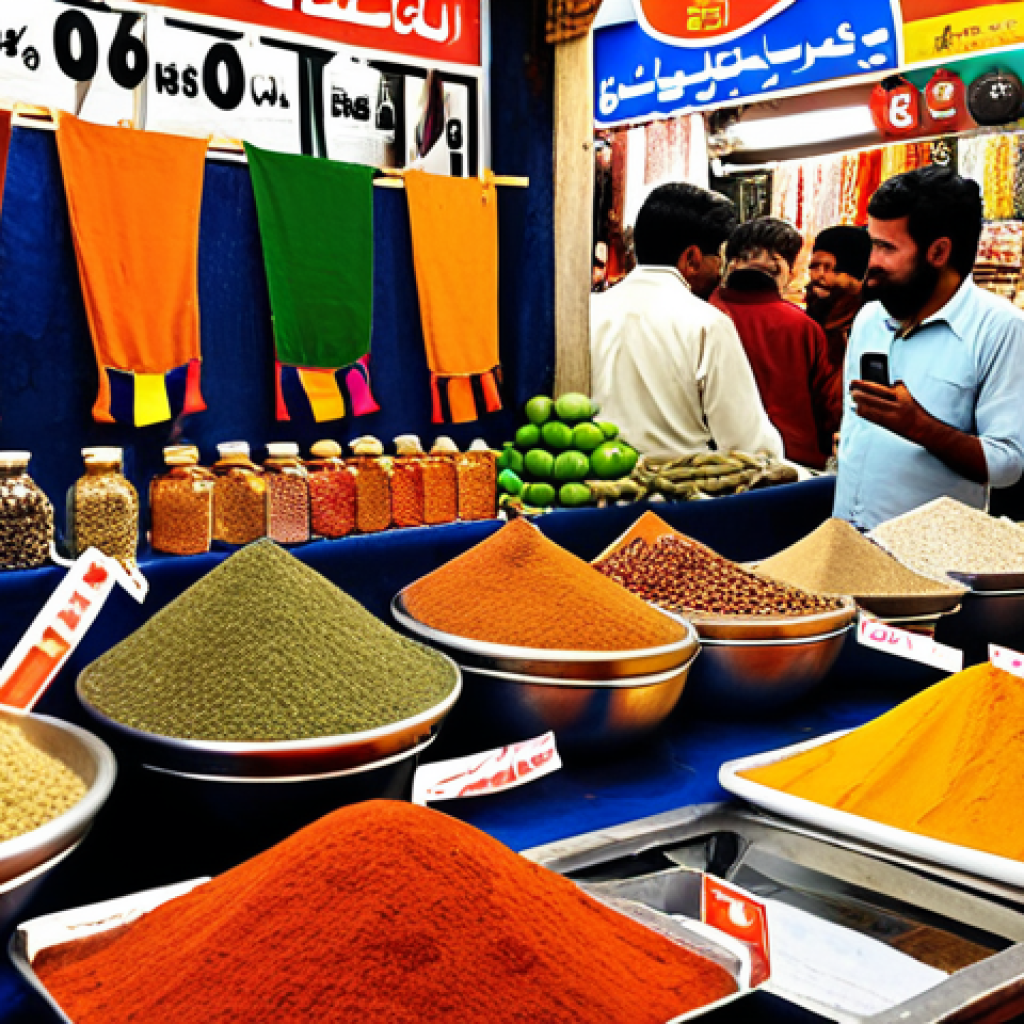 **Image Prompt 1:** A vibrant, bustling Pakistani bazaar scene. Amidst the traditional textiles and spices, a modern smartphone displays a graph analyzing customer purchase patterns. The graph highlights a growing demand for eco-friendly products. The overall mood is a blend of tradition and future-forward thinking.