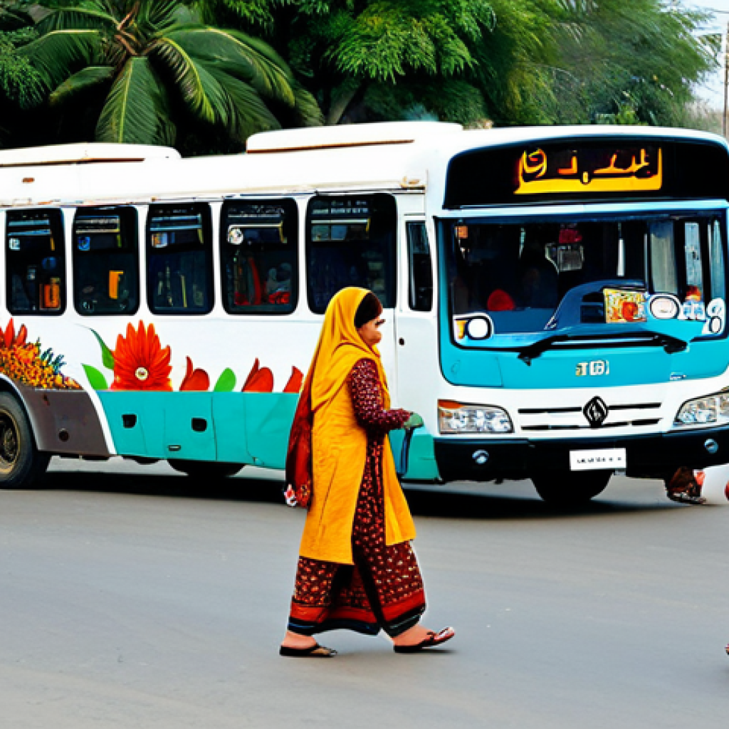 **

A busy Karachi street scene during the day.  Women in vibrant, modest shalwar kameez walk past colorful buses (decorated with truck art), and vendors selling street food.  Safe for work, appropriate content, fully clothed. Focus on everyday life in a bustling urban environment. Perfect anatomy, correct proportions, natural pose, professional.

**