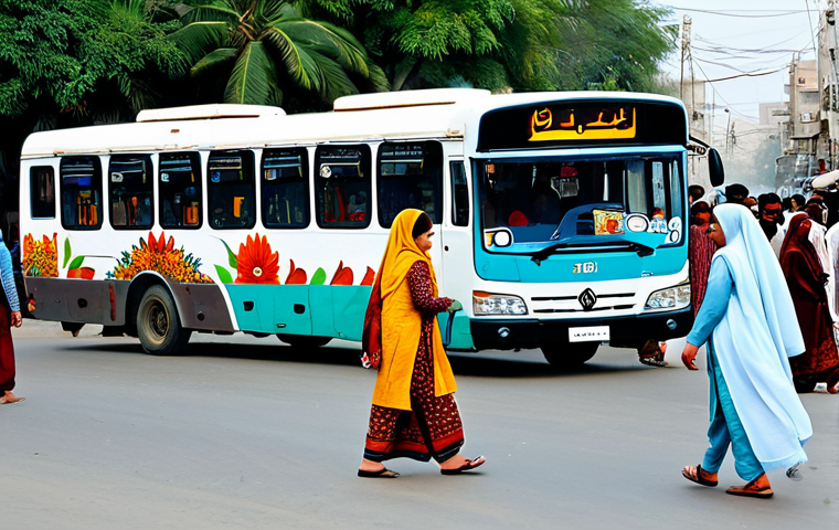 **

A busy Karachi street scene during the day.  Women in vibrant, modest shalwar kameez walk past colorful buses (decorated with truck art), and vendors selling street food.  Safe for work, appropriate content, fully clothed. Focus on everyday life in a bustling urban environment. Perfect anatomy, correct proportions, natural pose, professional.

**