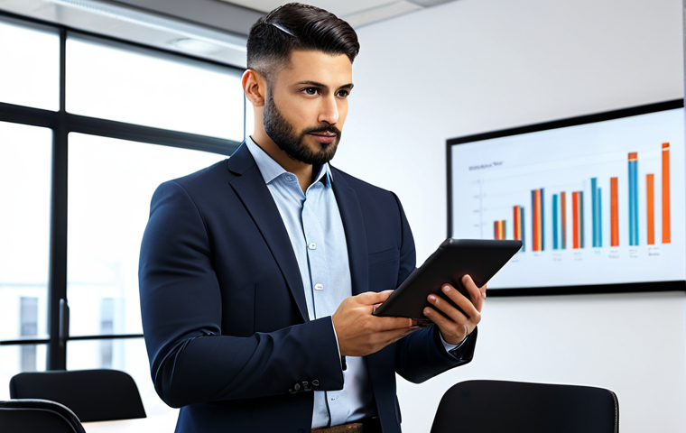 **
A confident marketing professional in a modern office setting, wearing a tailored, modest business suit and holding a tablet displaying data analytics. The background shows a diverse team collaborating. Focus on professionalism and data-driven decision making. "Safe for work," "appropriate content," "fully clothed," "professional attire," "perfect anatomy," "correct proportions," "natural pose," "high quality."
**