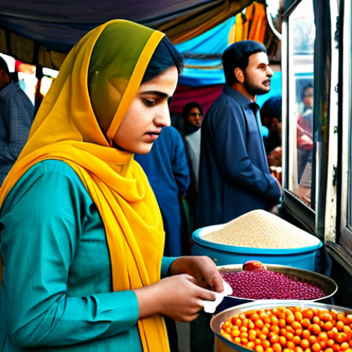 Home 18 **
A Pakistani consumer reviewing a product label at a bustling local market (bazaar). She is wearing a modest shalwar kameez. Stalls are filled with colorful goods. Focus on her thoughtful expression, emphasizing consumer awareness. Safe for work, appropriate content, fully clothed, professional, perfect anatomy, natural proportions, high resolution.
**