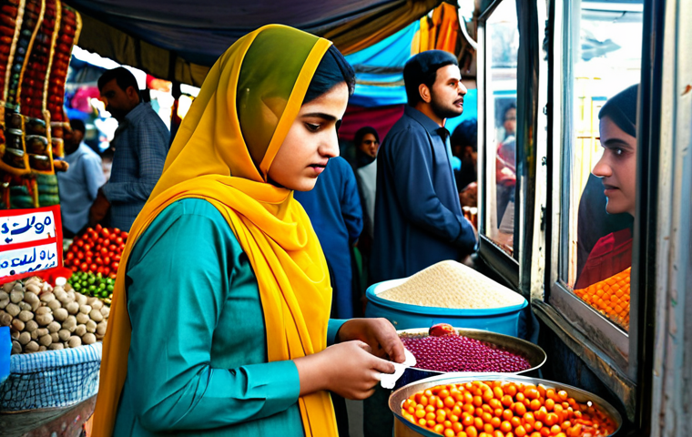 **
A Pakistani consumer reviewing a product label at a bustling local market (bazaar). She is wearing a modest shalwar kameez. Stalls are filled with colorful goods. Focus on her thoughtful expression, emphasizing consumer awareness. Safe for work, appropriate content, fully clothed, professional, perfect anatomy, natural proportions, high resolution.
**