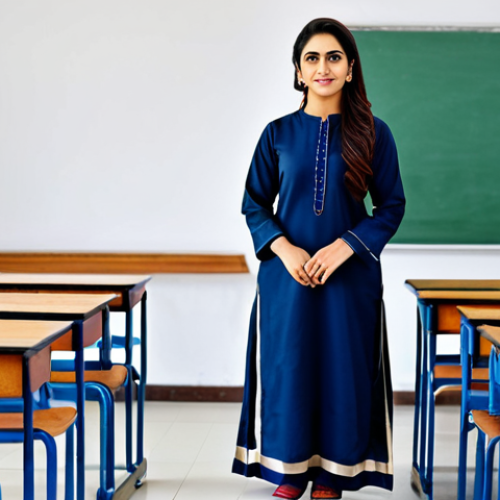 Home 17 소비자중심 경영의 실행 사례 - **
A confident female teacher in a fully clothed, modest shalwar kameez, standing in a bright and w...