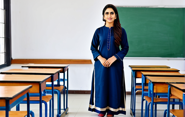 소비자중심 경영의 실행 사례 - **
A confident female teacher in a fully clothed, modest shalwar kameez, standing in a bright and w...