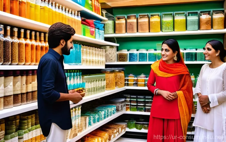 소비자 행동 데이터를 활용한 지속 가능성 혁신 전략 연구와 분석 - **Prompt:** "A diverse group of Pakistani consumers, including men and women of various ages, modest...