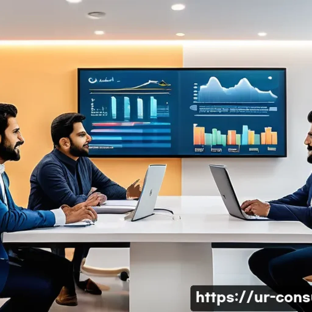 소비자중심 경영의 장단점 - A modern corporate office scene in Karachi with a diverse team of professionals engaging in a user-c...