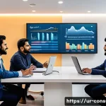 소비자중심 경영의 장단점 - A modern corporate office scene in Karachi with a diverse team of professionals engaging in a user-c...