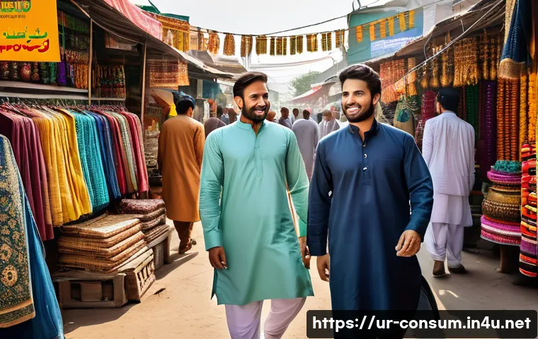 소비자 보호법과 관련된 성공 사례 - A vibrant marketplace scene in Pakistan showing diverse consumers interacting confidently with vendo...