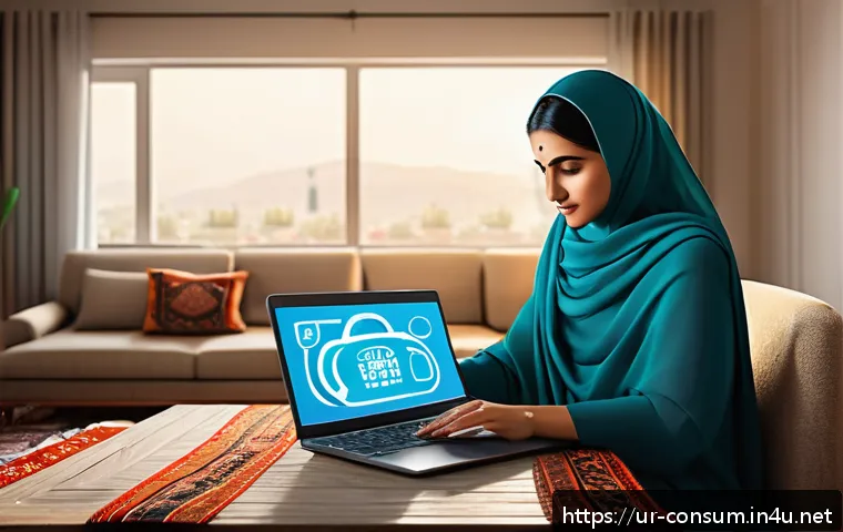 소비자 보호와 관련된 연구 논문 리뷰 - A detailed digital illustration of a Pakistani online shopper using a laptop at home, surrounded by ...