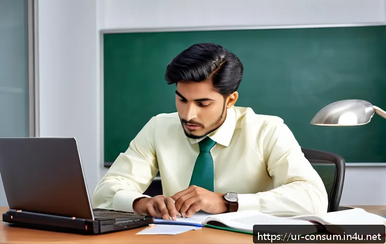 소비자전문기술사 시험 응시 자격 요건 - A professional South Asian man in formal attire, sitting at a desk with a laptop and technical books...
