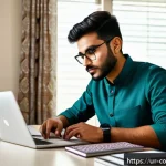 Home 22 소비자전문기술사 자격증 후기 및 난이도 - A professional Urdu-speaking young man studying at a modern home office desk, surrounded by high-qua...