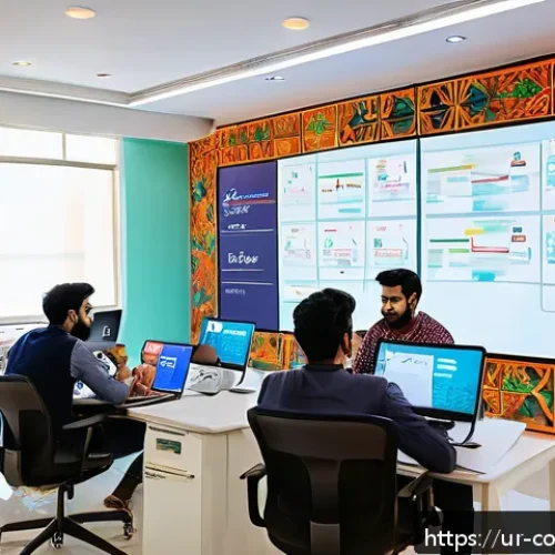 Home 32 소비자 행동 변화와 디지털 트렌드 - A modern digital marketing office scene in Karachi, featuring a diverse team of young professionals ...