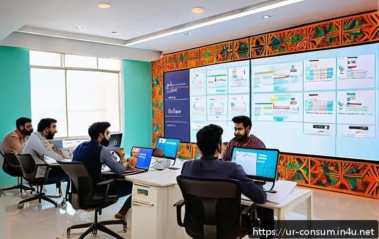 소비자 행동 변화와 디지털 트렌드 - A modern digital marketing office scene in Karachi, featuring a diverse team of young professionals ...