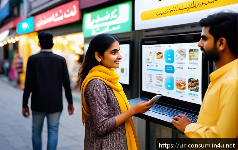 소비자 보호 관련 최신 연구와 글로벌 트렌드 연구와 분석 - A modern digital marketplace scene set in a South Asian urban environment at dusk, featuring diverse...
