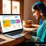 Home 18 소비자 피해 예방을 위한 실무 교육 - A detailed digital illustration of a Pakistani woman shopping online at home, sitting comfortably wi...