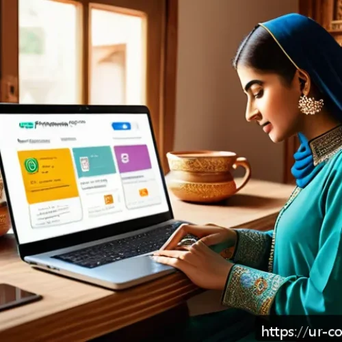 Home 30 소비자 피해 예방을 위한 실무 교육 - A detailed digital illustration of a Pakistani woman shopping online at home, sitting comfortably wi...