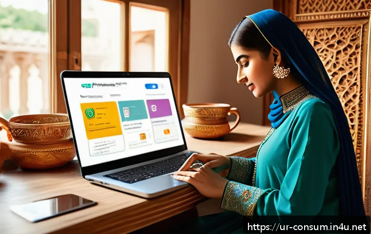 소비자 피해 예방을 위한 실무 교육 - A detailed digital illustration of a Pakistani woman shopping online at home, sitting comfortably wi...